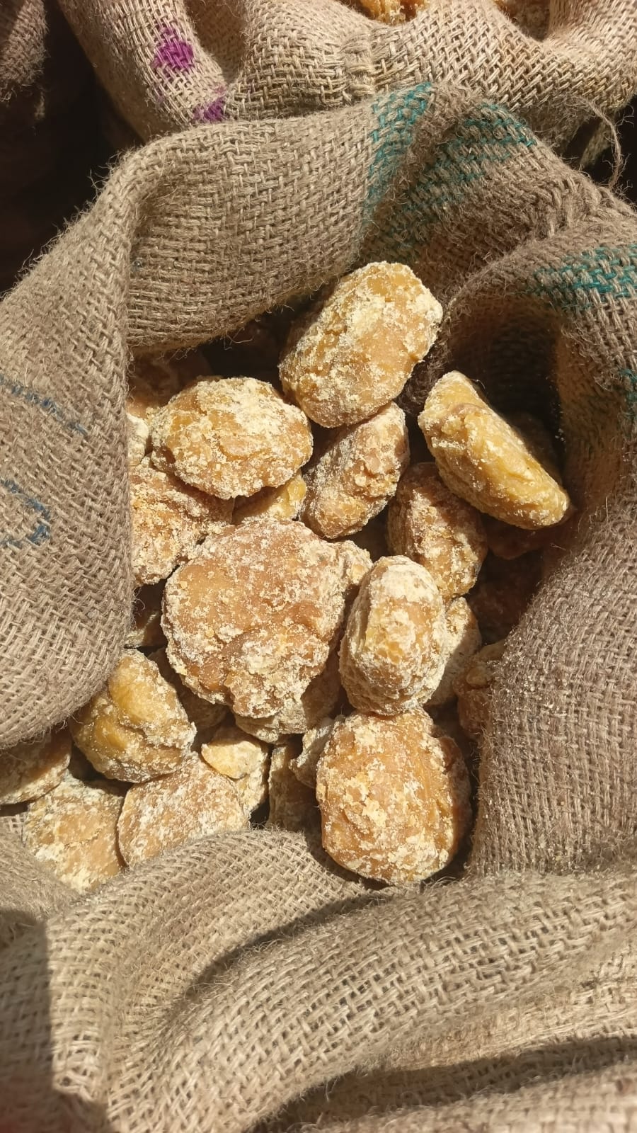 Jaggery chunks in jute sack